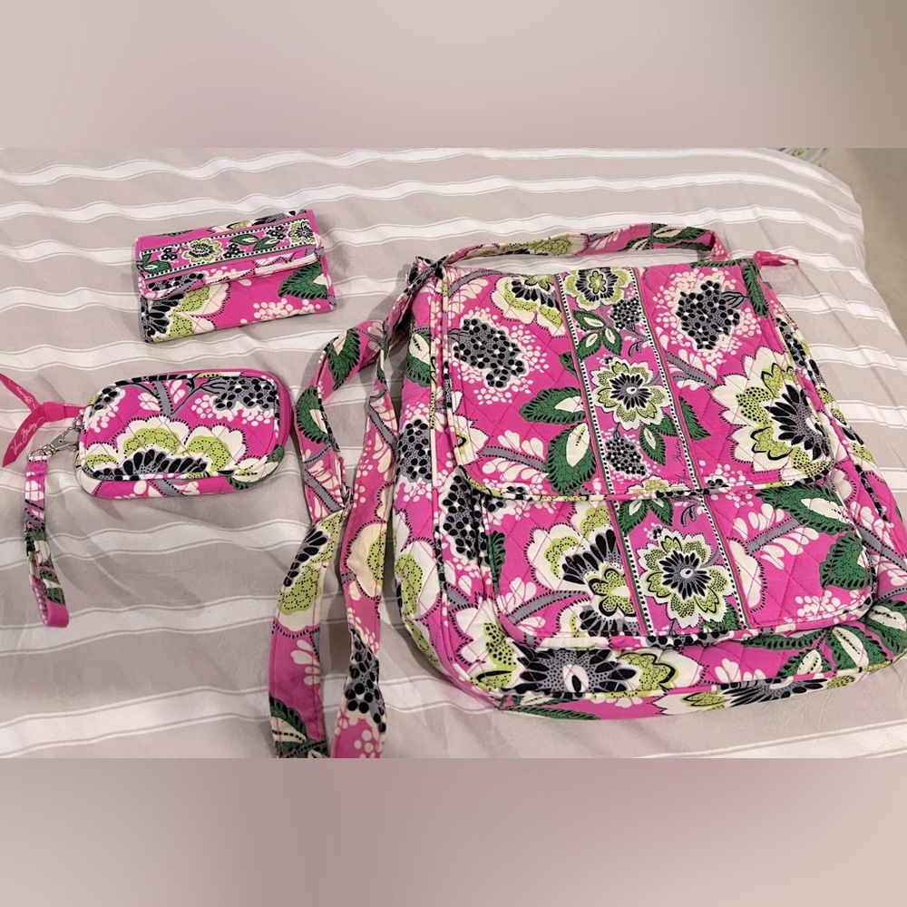 Vera Bradley retired print crossbody bag with matching wallet and zippered pouch